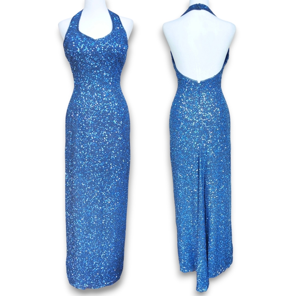 Vintage Scala 100% Silk Beaded Sequined Halter Gown Evening Dress Small